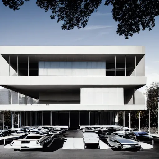 Image similar to second story cantilevered white brutalist office on top of 2 large piers, large windows, elegant, white stone, proportion, golden ratio, epic composition, steel window mullions, digital illustration, cars parked underneath 1 6 : 9