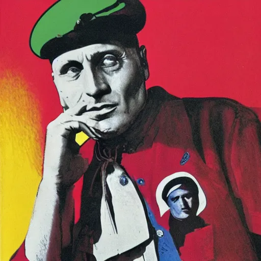 Prompt: benito mussolini with obey hat and shirt, drip, vibrant colors, vogue