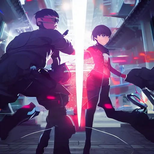 Image similar to neo fighting security. Epic keyframe. Ilya Kuvshinov, rossdraws.