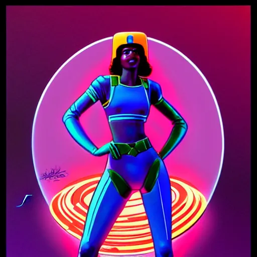 Image similar to 👩🏾🦱🛸, 8 0 s art deco, artstation, moebius + artgerm, hd,