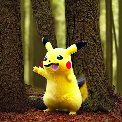 Image similar to pikachu in a forest, realistic, national geographic wildlife photography, wildlife, fluffy, cute, real