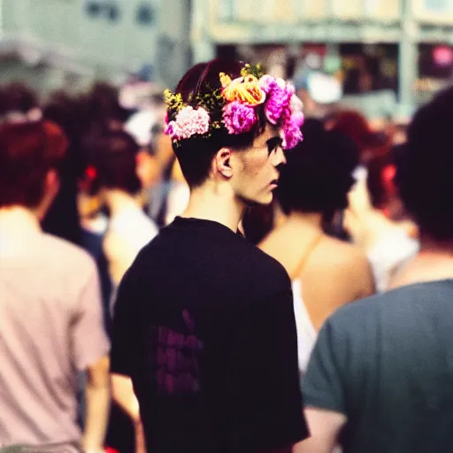 Image similar to kodak portra 4 0 0 photograph of a skinny goth guy standing in a crowd, back view, flower crown, moody lighting, telephoto, 9 0 s vibe, blurry background, vaporwave colors, faded!,