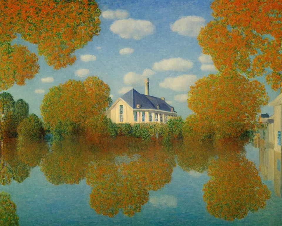 Prompt: achingly beautiful painting of a sophisticated, well - decorated pool house in fall by rene magritte, monet, and turner.