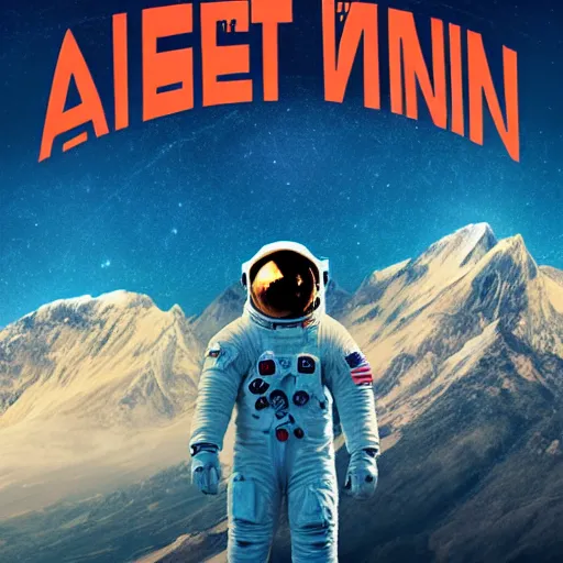 Image similar to a movie poster with an astronaut standing in front of a mountain, a poster by Niels Lergaard, reddit contest winner, incoherents, imax, movie poster, criterion collection