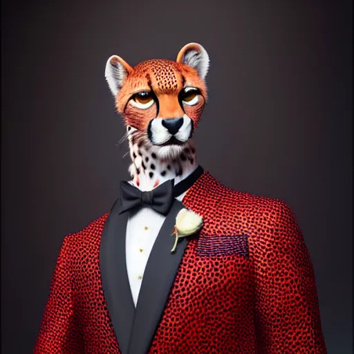 Prompt: a studio photograph of a red cheetah wearing a tuxedo suit,professional photography,studio lighting,studio photo,professional lighting,3 point lighting,dramatic,4k,detailed face,hyperdetailed,photorealistic,digital art,ultra realistic,ultra detailed,art by greg rutkowski