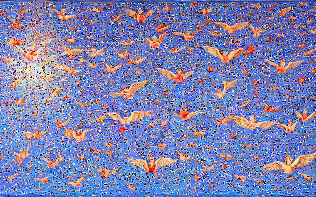 Image similar to vision of angels - a painting of a group of angels flying above a countryside, their wings creating a beautiful pattern in the sky by yayoi kusama and simon bisley, style of fantastic planet