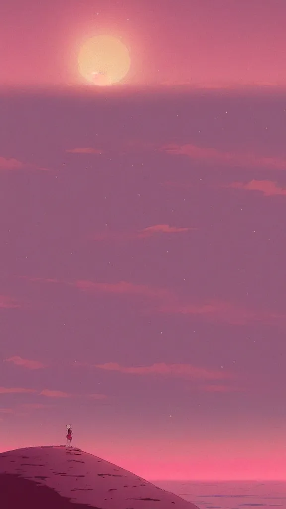 Prompt: beautiful pink ocean horizon view on an alien planet, clear sky, massive planet in space over the horizon, rule of thirds, trending on artstation, digital art by hayao miyazaki, studio ghibli style