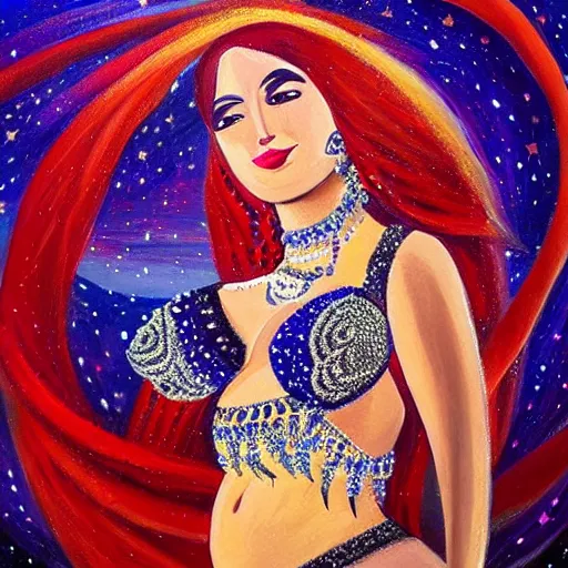 Image similar to painting of a belly dancer looking at a starry sky, stylized, highly detailed, soft light