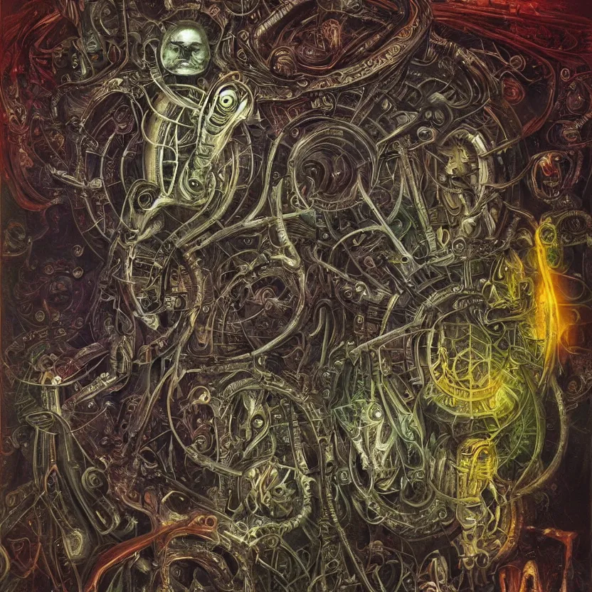 Image similar to biomechanical kali yantra, volumetric shadows and lighting, psychedelic colors, realistic oil painting by h. r. giger,