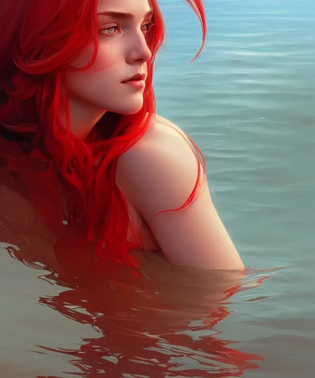 Image similar to emily rajtkowski, lake, red, highly detailed, digital painting, artstation, concept art, smooth, sharp focus, illustration, art by artgerm and greg rutkowski and alphonse mucha