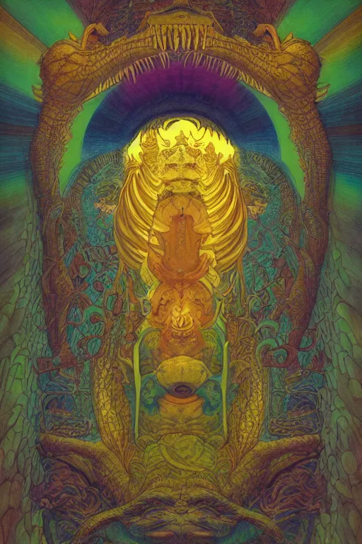 Image similar to beautiful crocodile headed god by maxfield parrish, mandala, coherent design, symmetrical, vivid colors, digital watercolor ink illustration painting, complementary color, golden ratio, detailed, sharp lines, sharp focus, intricate, rainbowshift, artgerm, gustave dore, alphonse mucha, octane render