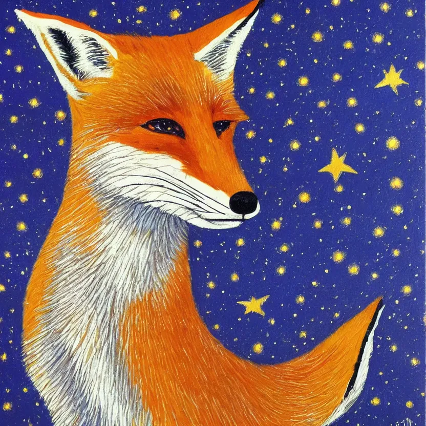 Image similar to a painting of a fox looking up at the stars in the style of Starry Night, highly detailed,