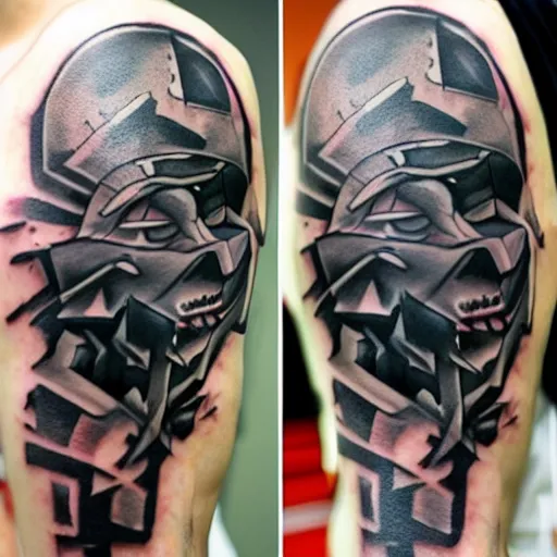 Image similar to dark japanese urban architecture, tattoo, tattoo on upper arm