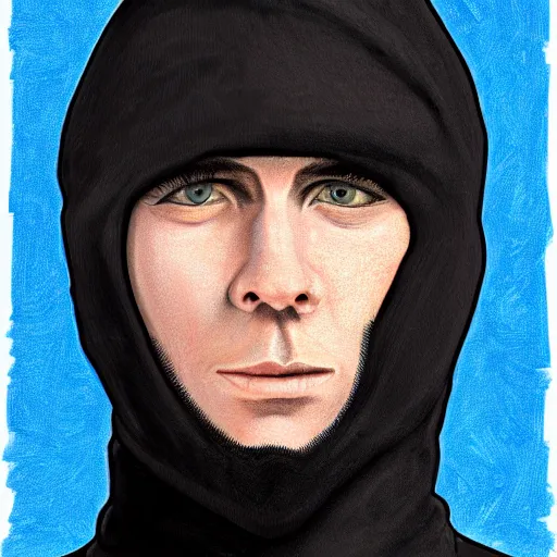 Image similar to a detailed portrait of a man wearing a black ski mask, blue eyes, art illustration, incredibly highly detailed and realistic, 8 k, sharp focus