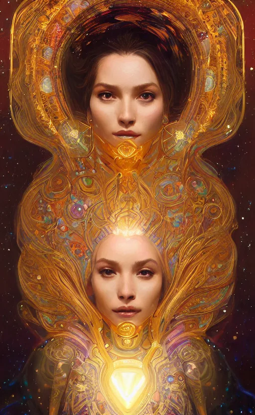 Image similar to portrait of a cosmic goddess, suit made out of stars and galaxies and cosmic energy, intricate, headshot, highly detailed, digital painting, artstation, concept art, sharp focus, cinematic lighting, illustration, art by artgerm and greg rutkowski, alphonse mucha, cgsociety