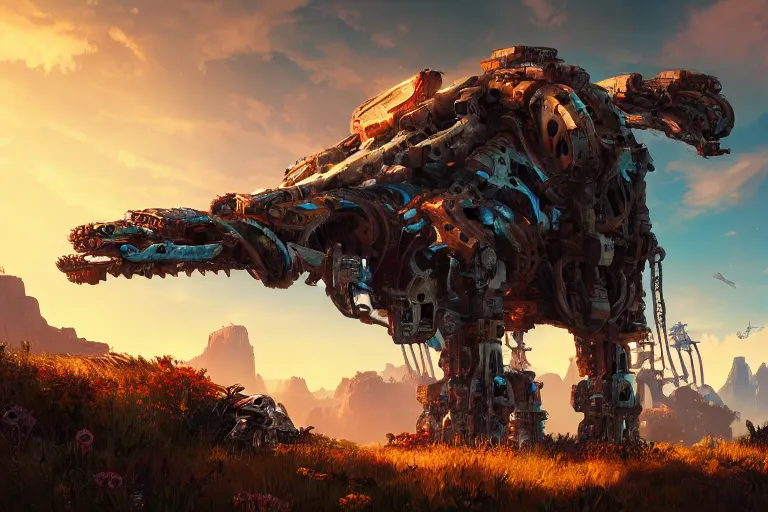 Image similar to snapmaw machine mecanical creature robot of horizon forbidden west horizon zero dawn radiating a glowing aura global illumination ray tracing hdr fanart arstation by ian pesty and alena aenami artworks in 4 k