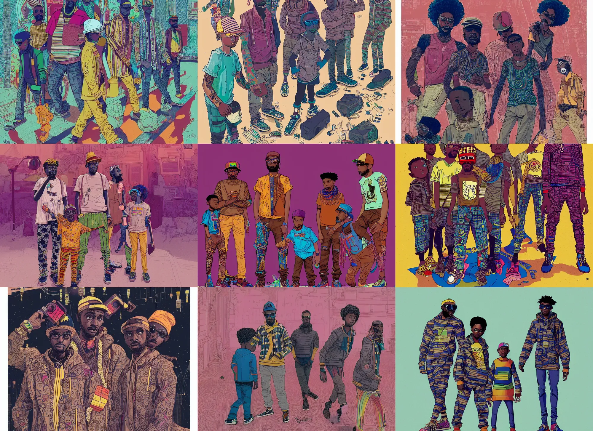 Prompt: an intricate children's illustration of an award-winning Senegalese hipster hip-hop band, wearing urban inspired streetwear, highly detailed, midnight, by Josan Gonzalez and James Gilleard , Moebius, Laurie Greasley,