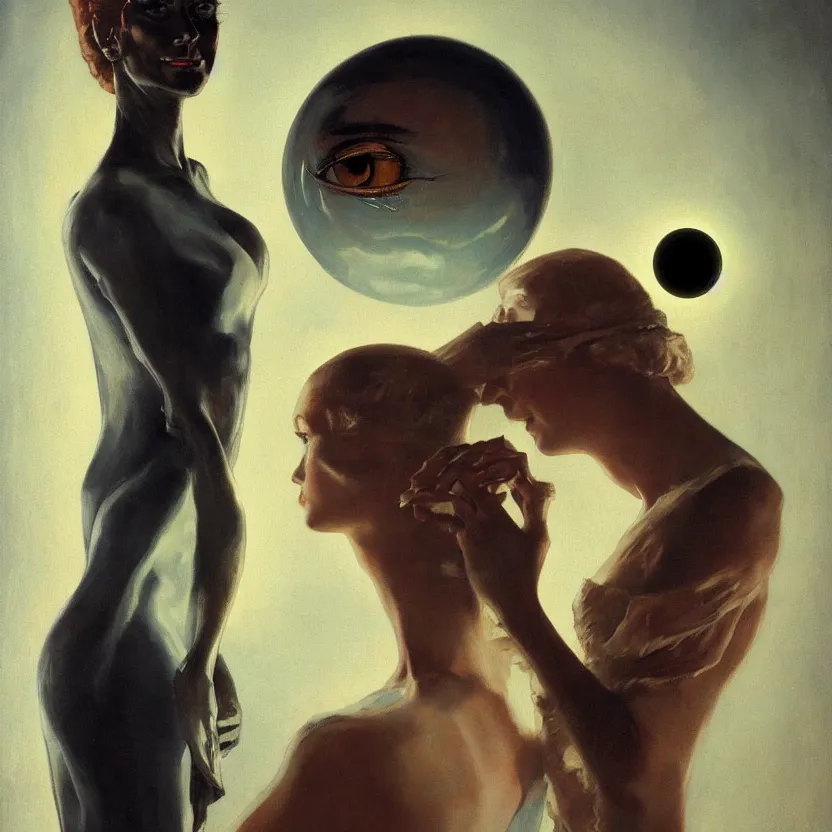 Image similar to portrait painting of an elegantly beautiful alien woman with big glowing eyes, by norman rockwell. muted colors, soft gradients. dark background. trending on artstation. retrofuturism.