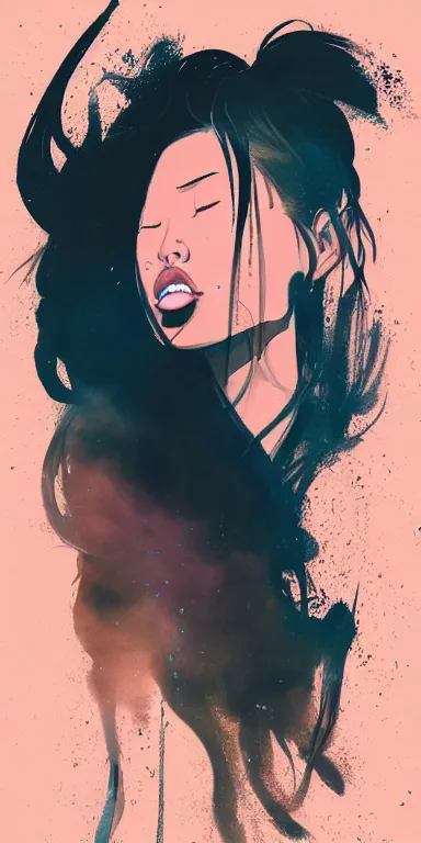 Image similar to dark background, light paint, candid!! long abstract paint portrait of a very very beautiful! young filipino woman with very narrow face, closed eyes and flowing long hair, swirling dreamy smoke and fog is coming from her mouth, face partially obscured, by conrad roset, abstract background, dramatic lighting, minimal art, trending on artstation