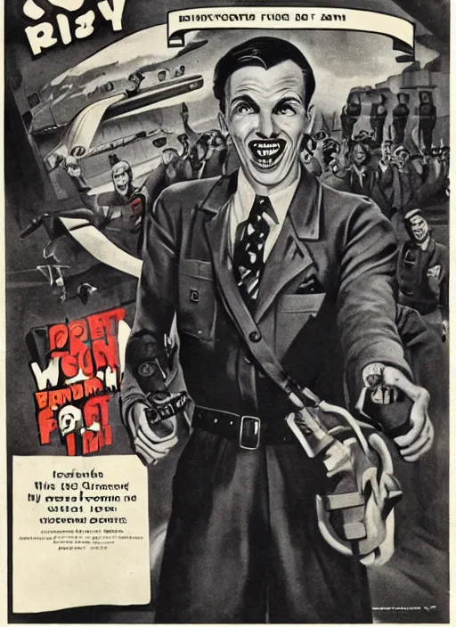 Prompt: creepy Edward Richtofen with a scary comically large smile, 1940s scare tactic propaganda art