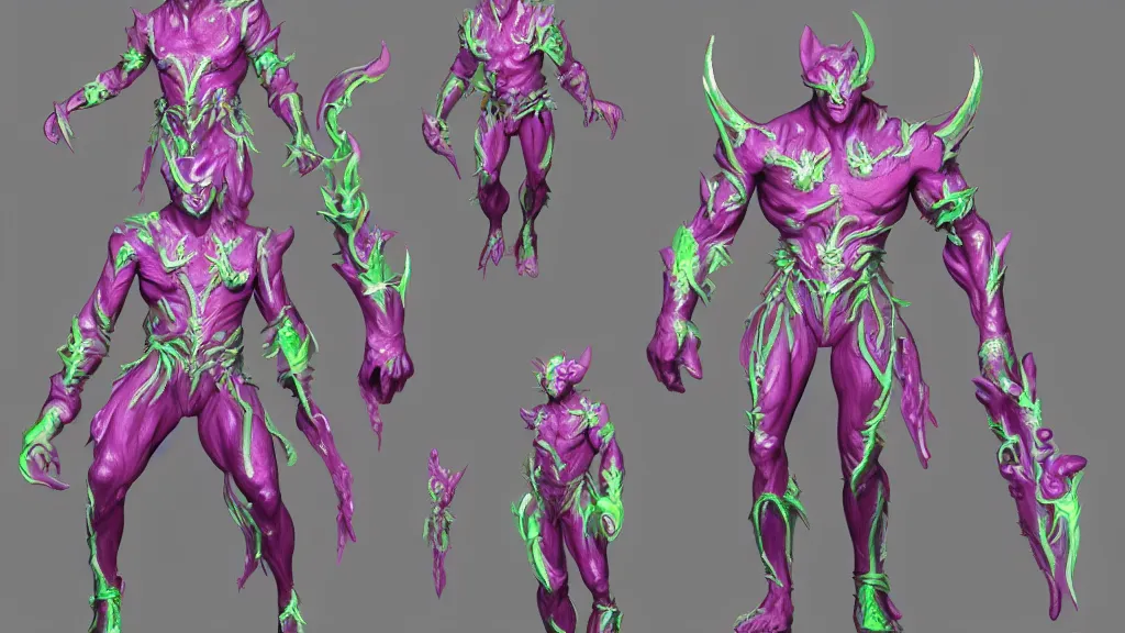 Image similar to a fantasy Bright iridescent ghost demon with four arms character design sheet, trending on artstation