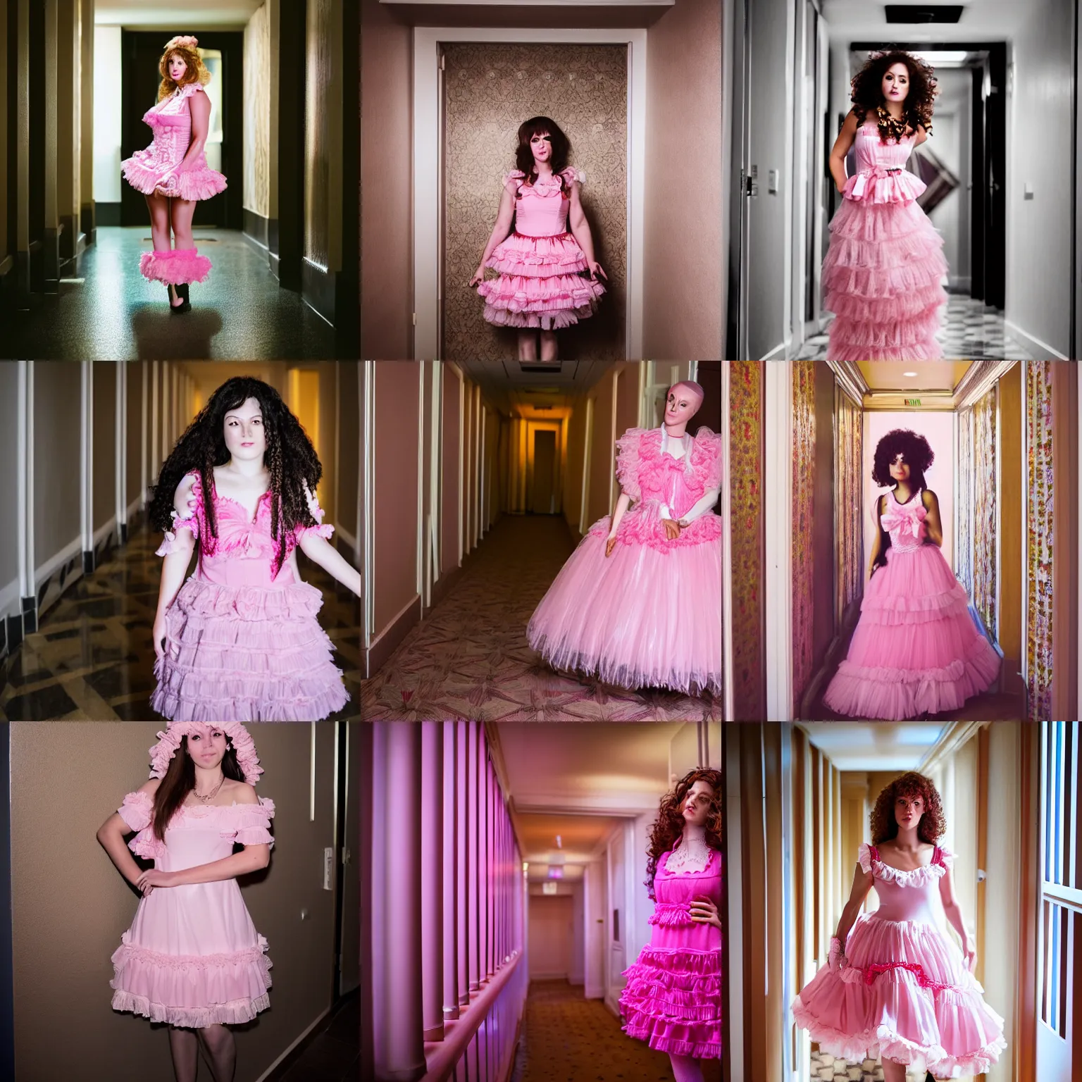 Prompt: woman in a frilly pink doll dress, in a hotel hallway, flash photography