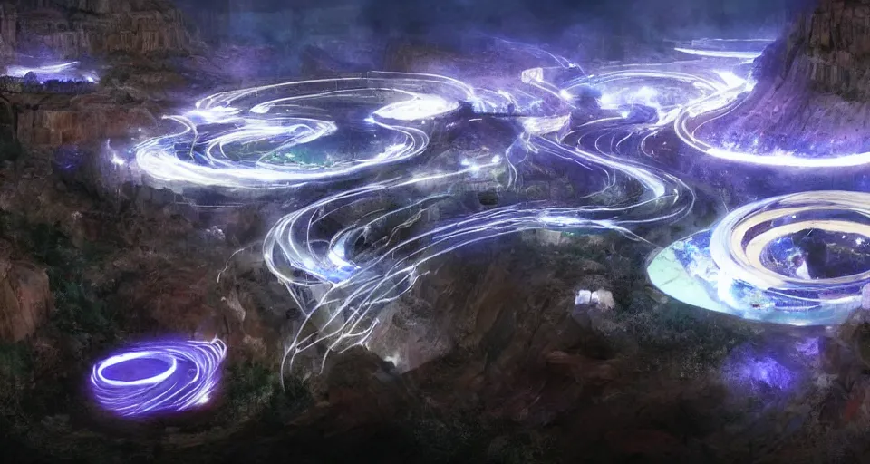 Image similar to night, a lot of people and a spiral - shaped white luminous attractor is floating in grand canyon, concept art, art for the game, professional lighting, art