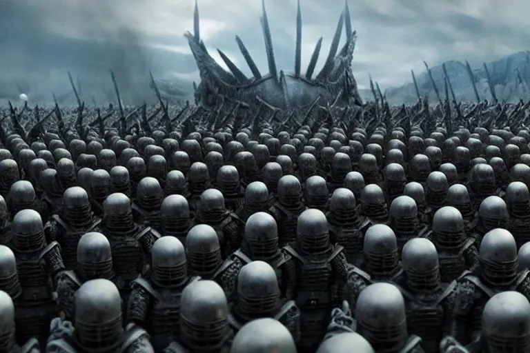 Image similar to vfx film, game of thrones robot army, flat color profile low - key lighting award winning photography arri alexa cinematography, big crowd, hyper real photorealistic cinematic beautiful, atmospheric cool colorgrade