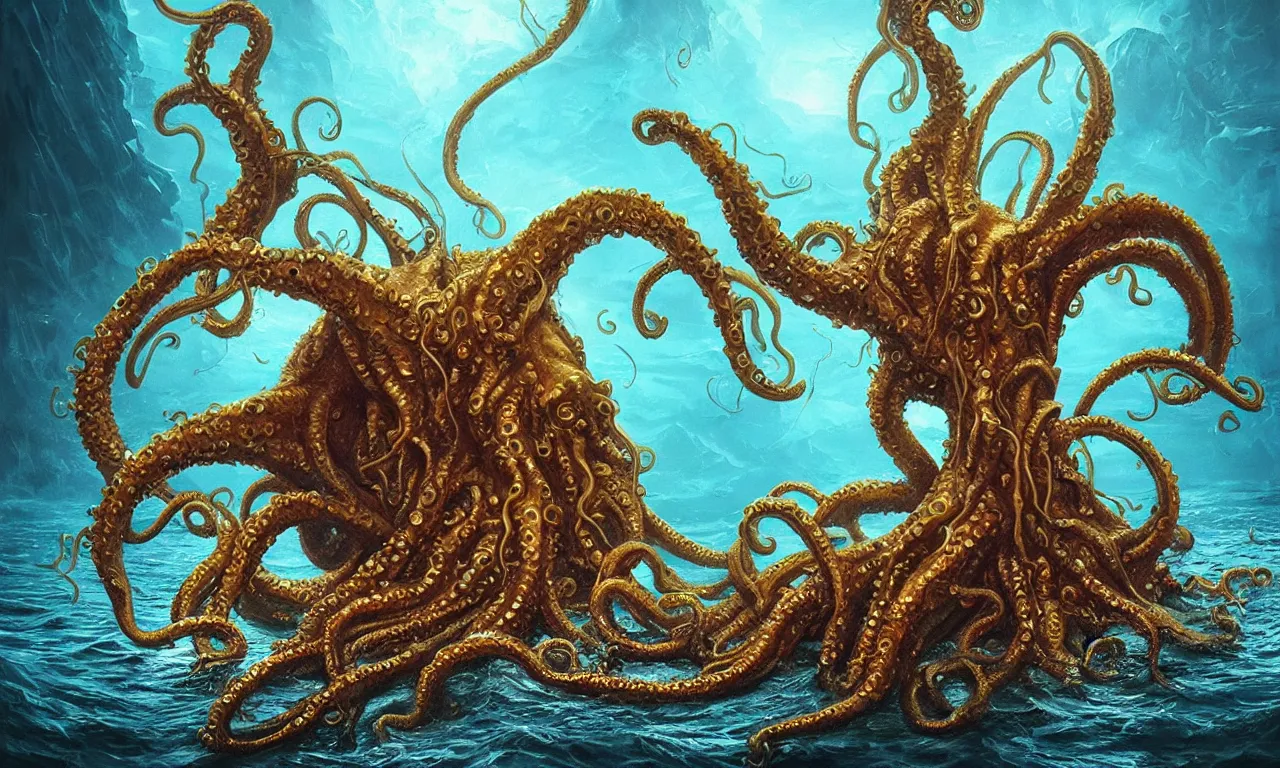 Image similar to Mysterious monster Cthulhu in the sea, huge tentacles sticking out of the water, oil on canvas, cold colors, perfect composition, golden ratio, beautiful detailed, photorealistic, digital painting, artstation, concept art, smooth, sharp focus, illustration, cyberpunk background, artstation trending, octane render, unreal engine