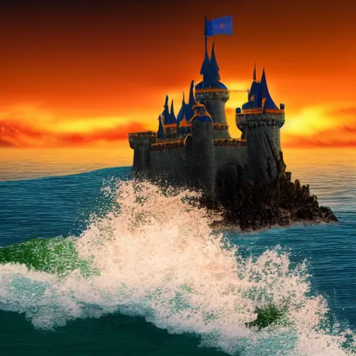 Prompt: Fantasy Castle on island surrounded by waves at sunset