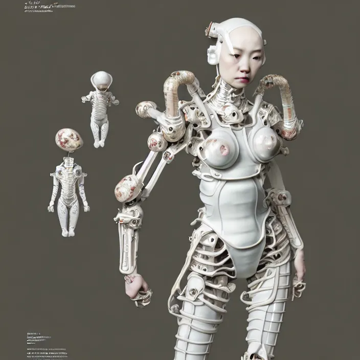 Image similar to porcelain cyborg, Japanese Kakiemon porcelain exoskeleton 16th century, diffuse lighting, fantasy, intricate, elegant, highly detailed, lifelike, photorealistic, digital painting, artstation, illustration, concept art, smooth, sharp focus, art by John Collier and Albert Aublet and Krenz Cushart and Artem Demura and Alphonse Mucha