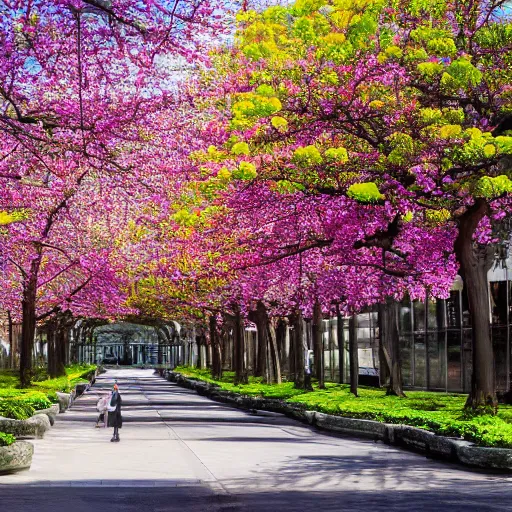 Prompt: a landscape of spring in the big city, trees are filled with color with flowers and plantlife blooming with vigor and grace