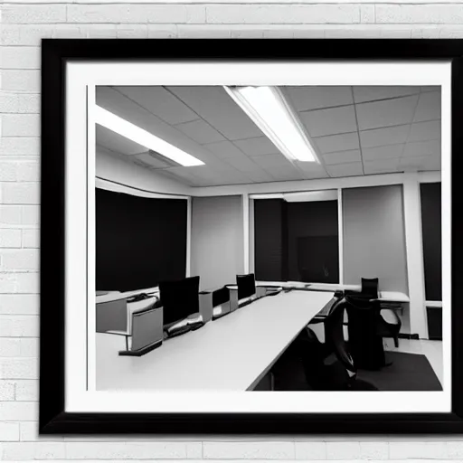 Image similar to an office at night, dark atmosphere, white hue