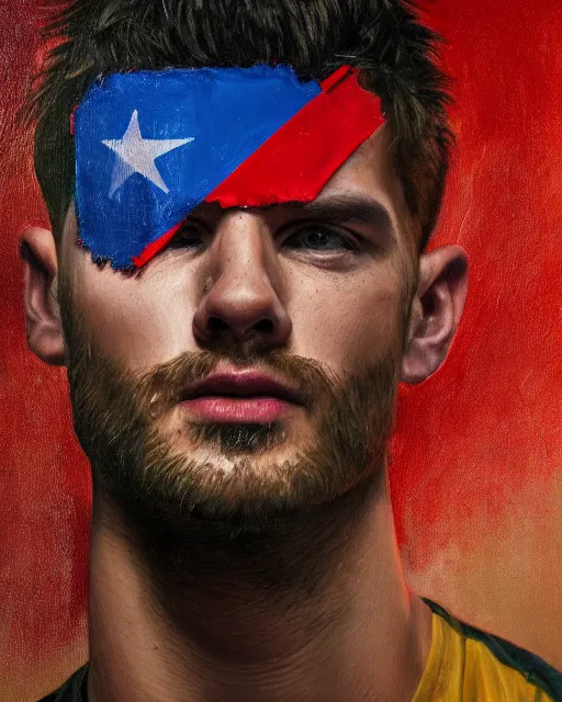 Prompt: oil painting portrait of patric bateman, serbian flag background, cinematic lighting, high production value, intricate details, high resolution, hdr, high definition, masterpiece, realistic, ultrarealistic, highly detailed, hd, sharp focus, non blurry, sharp, smooth