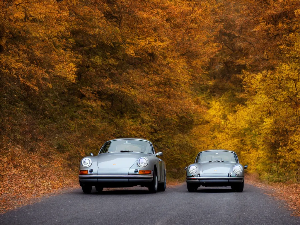 Prompt: a porsche singer with lights on a mountain road, autumn leaves, motion blur, 3 5 mm photography, car photography, clean lines, realistic