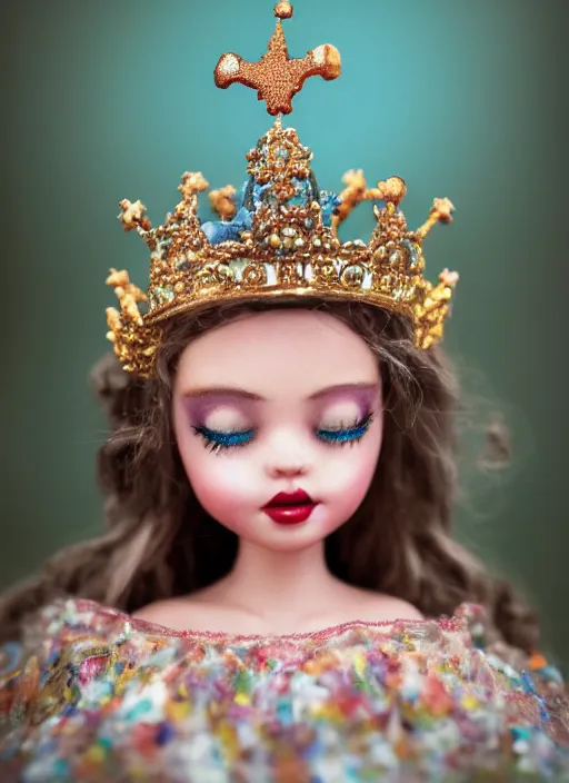 Image similar to closeup face profile portrait of a tin toy fairytale princess wearing a crown eating cakes, bikini, depth of field, zeiss lens, detailed, symmetrical, centered, fashion photoshoot, by nicoletta ceccoli, mark ryden, lostfish, breathtaking, 8 k resolution, extremely detailed, beautiful, establishing shot, artistic, hyperrealistic, octane render