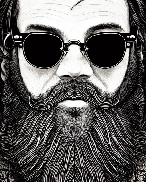 Prompt: detailed hipster skinny man with square sunglasses, long fires beard, dmt, by james gurney + intricate and vibrant work + portrait + trending on artstation + incredible gothic illustration + exquisite detail