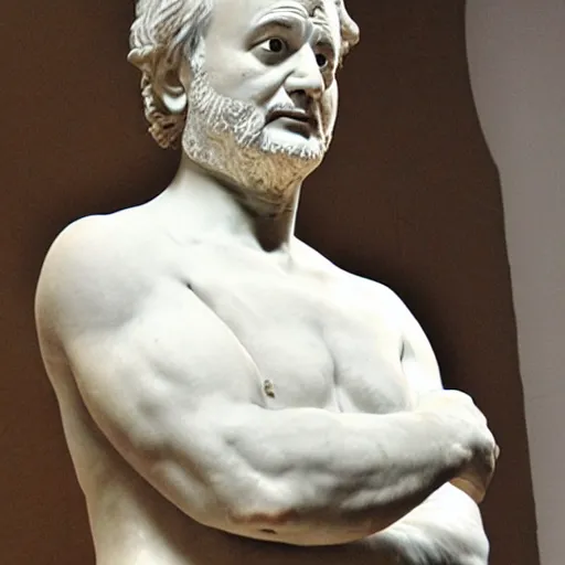 Image similar to bill murray as a marmor statue by michelangelo, church background