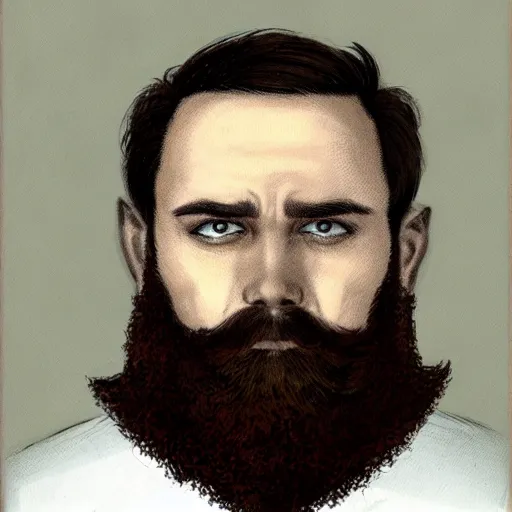 Prompt: a mugshot of a bearded man with brown hair, in style of Gerald Brom