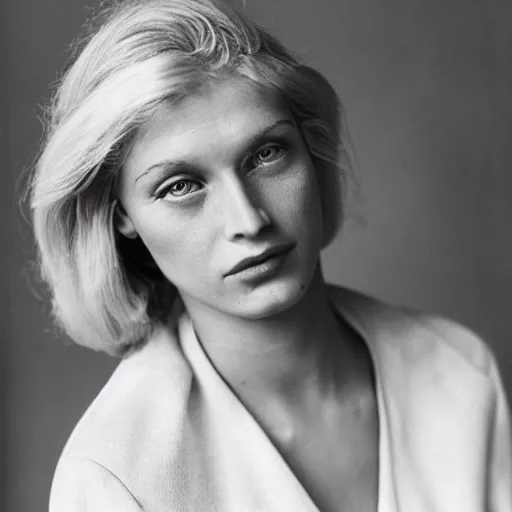 Image similar to photograph by richard avedon of olive skinned blonde female in her thirties wearing designer clothes