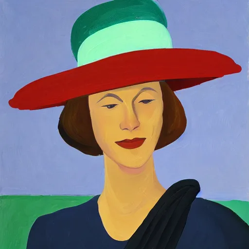 Prompt: woman with hat, by Alex Katz, colorful, smiling, red dress, oil on canvas