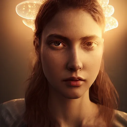 Image similar to portrait art of female angel by alessio albi 8 k ultra realistic, angel wings, lens flare, atmosphere, glow, detailed, intricate, full of colour, cinematic lighting, trending on artstation, 4 k, hyperrealistic, focused, extreme details, unreal engine 5, cinematic, masterpiece