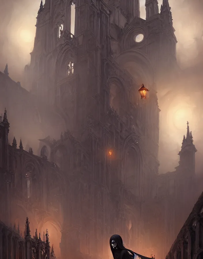 Image similar to A beautiful digital painting of a Grim Reapper, ancient catedral behind her, intricate, cinematic lighting, highly detailed, digital painting, Artstation, concept art, smooth, sharp focus, illustration, art by Tom Bagshaw, Artgerm and Greg Rutkowski