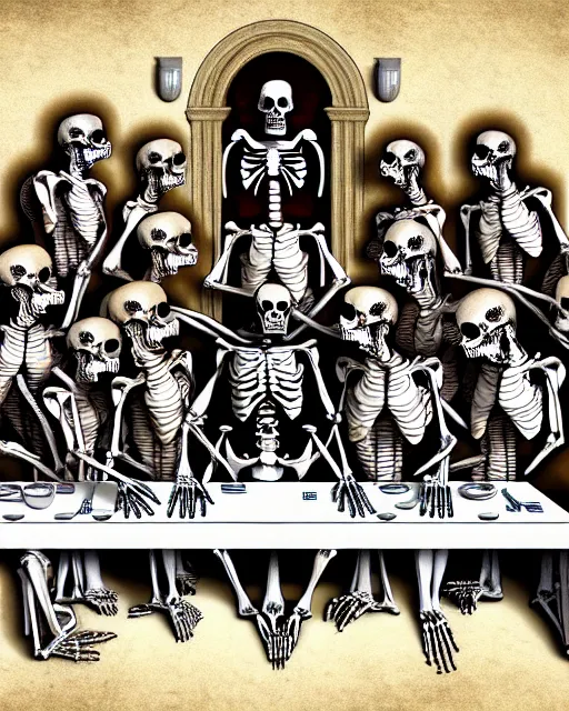 Image similar to last supper, all skeletons, true anatomy, artstation, by leonardo da vinci, trending on artstation