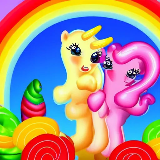 Prompt: sweet happy image for children, good dreams, smiles, candy, rainbows, unicorns