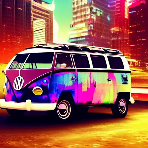 Prompt: VW Microbus driving, environment, cyberpunk city, Synthwave, highly detailed, 8k, wallpaper