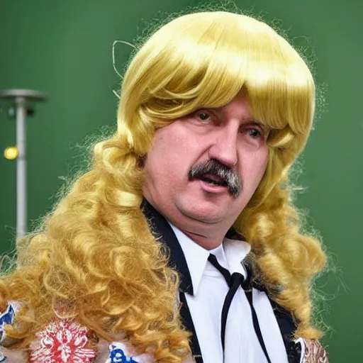 Image similar to alexander lukashenko wearing blonde longhaired wig in kawaii cosplay dress,