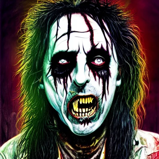 Image similar to graphic illustration, creative design, alice cooper as rob zombie, biopunk, francis bacon, highly detailed, hunter s thompson, concept art