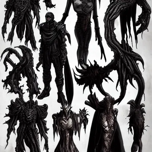 Prompt: various character sheets from an art book with character designs for a tall character with humanoid long arms and a vampire squid for a head made from dark wispy smoke with a wraith like appearance that is bound in chains at the wrists made as an enemy in the resident evil video game franchise high resolution rtx ultrarealistic