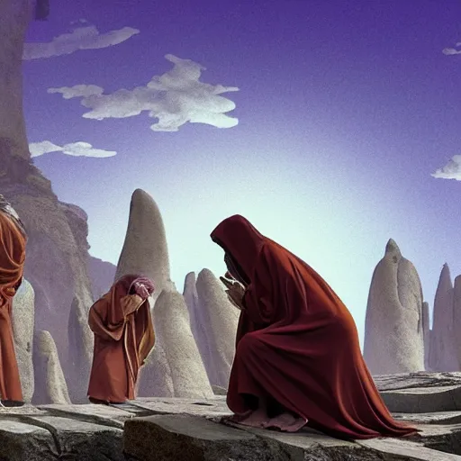 Image similar to stone priest in brown robes tending to his flock of granite children hyperrealistic, octane render intricate detail, ultra detail, in the style of moebius having a seizure in his mindpalace.